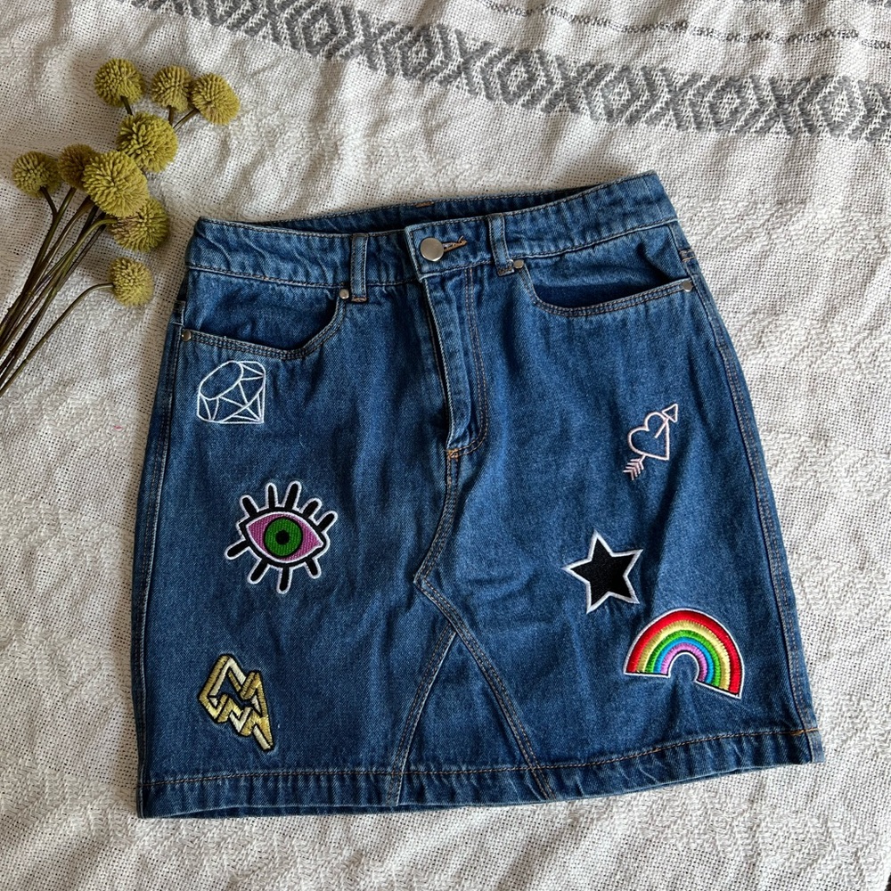 H&M Denim Skirt with Fun Patches